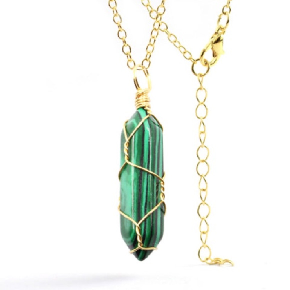 New Handmade Green Malachite 10k Gold Wire Wrapped S925 Silver Amulet Necklace